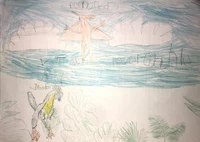 Moritz hat den ersten Platz mit seinem Kunstwerk belegt. Am blauen Himmel fliegt ein Pteranodon, während ein befiedertes Troodon am Boden durch einen Wald spaziert.