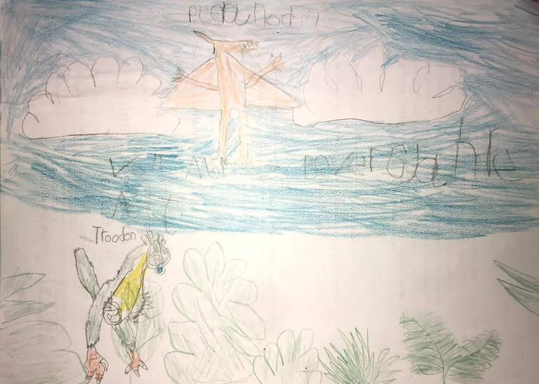 Moritz hat den ersten Platz mit seinem Kunstwerk belegt. Am blauen Himmel fliegt ein Pteranodon, während ein befiedertes Troodon am Boden durch einen Wald spaziert.