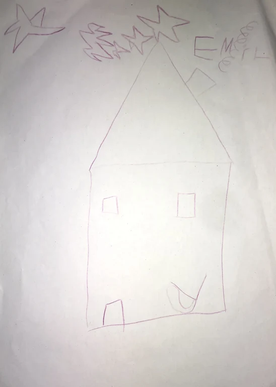 Emil hat das „Haus vom Dino, der gerade bei der Arbeit ist” dargestellt – eine spannende künsterlische Komposition.